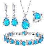Ever Faith Women's Jewellery Sets Sky Blue Jewellery Sparkly Cubic Zirconia Birthstone Teardrop Necklace Earring Bracelet Ring Jewelry Sets for Women Birthday Gifts 4 PCS Silver-Tone