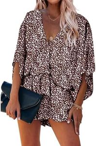 PRETTYGARDEN Women’s Floral Print Shorts Jumpsuit Wrap V Neck 3/4 Sleeve Casual Loose Oversized Romper With Pockets (Coffee, Small)
