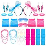 FRIUSATE 42 Pcs 80s Fancy Dress for Women, 80s Accessories with Leg Warmers Lace Bow Headband Necklaces Bracelet Fishnet Gloves, Neon Accessories for Women & Kids Retro Parties