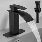 Hoimpro Black Waterfall Bathroom Faucet with cUPC Supply Lines, Single Handle Bathroom Sink Faucet with Pop-up Drain, Rv Vanity Vessel Faucet with Deck Plate, Matte Black, 1 or 3 Hole