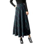 Sanahy Womens High Elastic Waist Maxi Skirt A-line Plaid Winter Warm Flare Long Skirts Vintage Wool Skirt Midi Skirt with Pockets(Blue,S)