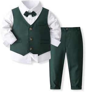Volunboy Ensemble Costume Bébé Garçon Gentilhomme, Costumes Mariage Gilet Chemise Pantalon avec Noeud Papillon(Vert Foncé,3-4 ans,Taille 110)