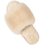 LongBay Women's Fuzzy Faux Fur Memory Foam Cozy Flat Spa Slide Slippers Comfy Open Toe Slip On House Shoes Sandals (Medium / 7-8, Cream)