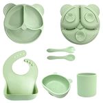 Snowie Soft 6Pcs Silicone Tableware Kit For Baby, Foodgrade Silicone Tableware Kit With Suction Plate & Bowl Cup Spoon Fork And Bib, Bpa-Free Dishwasher & Microwave Safe Baby Product - Solid