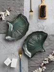 The Decor Lane Peacock Exotic Glazed Leaf Ceramic Platter Serving Platters Ceramic for Snacks Serving Platters & Ceramic Plates Serveware (Set of 2, Microwave Safe, Dishwasher Safe) (Green)