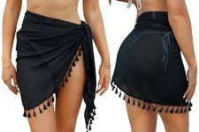 Aiseyi Sarongs for Women Beachwear Chiffon Beach Wrap Sarong Wrap Sarong Skirt Beach Cover Skirt with Fringes Black 2PCS