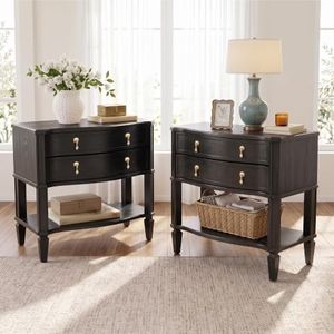 27.5" Wide Extra Large with Nightstand Set of 2 Charging Station & Open Shelf, Pre-Assembled,Vintage Bedside Table w/2 Drawers, Curved Design, Farmhouse End Side Table with Solid Wood Legs for Bedroom