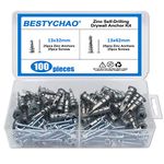 BESTYCHAO 100pcs 2 Sizes Zinc Drywall Anchors Self Drilling Hollow Wall Anchors with Screws Assortment Kit, Mental Self-Drill Anchors for Plasterboard Fixing