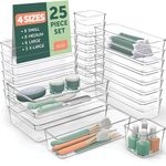 Multiple Drawer Organizer - 25 PCS Clear Plastic Drawer Organizers for Home Organization and Storage, Including 4 Sizes Small Organizer Bins, Non-Slip Pads, for Bathroom, Kitchen, Vanity & Office ETC.