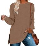 YSYOKOW Women Crewneck Sweatshirt Long Sleeve Pullover Fashion Side Slit Tunic Tops for Leggings(Brown, XX-Large)