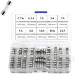 100Pcs 10kinds Glass Tube Fuses Assorted Kit;5 * 20MM Amp 0.2A 0.5A 1A 2A 3A 5A 8A 10A 15A 20A 250V;Quick Blow Fuse Set