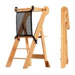 COSYLAND Foldable Toddler Kitchen Stool, Adjustable Height Toddler Standing Tower for Learning, Safety Kitchen Tower Stool Helper with Protective Net, Suitable for Ages 18 Months - 6 Years (Natural)
