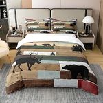 Homewish Rustic Farmhouse 100% Cotton Duvet Cover Single Deer Bear Comforter Cover Christmas Elk Bed Sets Black Brown Striped Bedding Lightweight Western Log Cabin Bedroom Decor for Boys Girls Teens