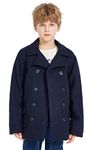 SOLOCOTE Boys Coat Elegant Notched Collar Double Breasted Wool Blend Over Pea Coat, SLN6005 Navy 13-14Y
