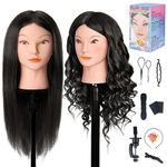 Mannequin Head with 100% Human Hair, MYSWEETY 18" Real Hair Manikin Doll Head for Hair Styling, Cosmetology Mannequin Hairdressing Practice Training Head with Clamp Holder and Tools(Black, Makeup)