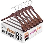 HOUSE DAY 6 Pack Wooden Suit Hangers-with Non Slip Rolling Crossbar Wooden Coat Hangers,Extra Wide Shoulder Wooden Hanger for Clothes with 360°Swivel Hook,Heavy Duty Hanger for Jacket,Garments(Walnut)