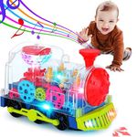 Gear Train Toy Light Up Music Electric Train Toy Transparent Rotating Mechanical Gear Train for Kids Educational Toy Cartoon Train with Flashing Light Sound Music Locomotive Toy