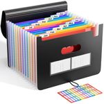 ABC life Expanding File Folder Accordion File Organiser 12 Pockets, Portable A4 Desktop Document Filling Box, Accordian Bill Receipt Paper Organiser, Plastic Rainbow Expandable Bag with Colored Labels