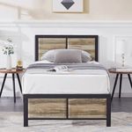 VECELO Single Size Platform Bed Frame with Grey Oak Vintage Wood Headboard, Mattress Foundation, Strong Metal Slats Support, No Box Spring Needed