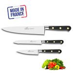 Sabatier Ideal Fully Forged Brass Rivet Three Piece Chef Knife Set, 10 cm Paring Knife, 12 cm Utility Knife and 20 cm Chef's Knife, Made In France