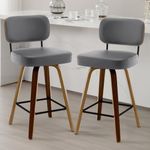 Bekrvio Swivel Counter Height Bar Stools Set of 2, 26" Upholstered Faux Leather Barstools with Back and Bent Wood Legs, Mid Century Modern Bar Chair Island Stool for Kitchen Counter, Grey