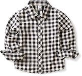 OCHENTA Boys Plaid Button Down Shirts Long Sleeve Roll Up Cotton Spring Fall Shirt Casual Tops Black 160-9-10 Years