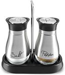 Juvale Stainless Steel Salt and Pepper Shakers Set with Holder, Refillable, Clear Glass Bottoms, Screw-Off Perforated "S" and "P" Caps for Kitchen Table Decor (4oz)