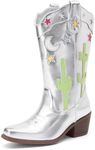 DREAM PAIRS Girls Cowboy Boots Cowgirl Mid Calf Western Boots Square Toe for Toddler/Little Kid/Big Kid,Size 2 Little Kid,Silver,KKUMMB2501