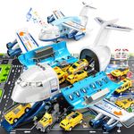 TEMI Storage Transport Plane with 12 Diecast Construction Truck Vehicles and Playmat, Airplane Toy with Mist Spray, Lights & Sounds, Birthday Gift for 3 4 5 6 Years Old Children, Boys & Girls