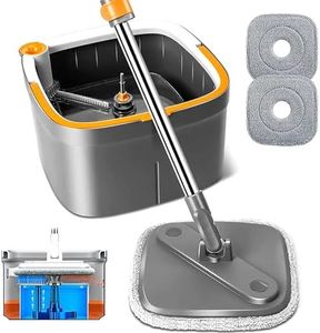 KZKR Spin Mop and Bucket Set with 2 Replaceable Microfiber Mop Pads with Self Separation Dirty and Clean Water System, Self Wringing 360° Rotating Square Mop Head for Hardwood Tile Marble Floors