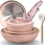 Febzona 6 Pcs Pots and Pans Non Stick Cookware Combo Set Induction Ready, with Detachable Handle, Stackable Kitchen Cooking Set Removable Handle, Oven Safe, frypan Tea pan Utensils (Pink Dual)