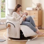 DEKKETO Swivel Rocking Recliner Armchair with Adjustable Headrest, Chenille Reclining Lounge Chair for Nursery and Living Room with Phone Holder and 2 Cushions, 200kg Capacity, Manual, White