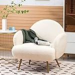 White Accent Sherpa Chair for Living Room Bedroom Reading Comfy Modern Armchair with Golden Metal Legs Mid-Century Sofa Chair