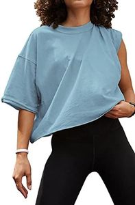 Oversize Crop Tops for Girl Friends Half Sleeve Drop Shoulder T-Shirts Basic Workout Loose Shirts Sky Blue L