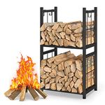 Firewood Rack Fireplace Tool Rack,Firewood Rack Outdoor,2 Tier Tall Sturdy Wood Holders Firewood Indoor with 4 Hooks,Stacking Rack for Wood Log Storage for Fireplaces,Fire Pits and Stoves (Black)