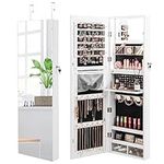 COSTWAY LED Lights Jewellery Cabinet Armoire, Door Hanging/Wall Mounted Jewelry Organiser with Full-Length Mirror, Home Bedroom Dressing Cosmetics Jewellery Storage Unit Gift (White)