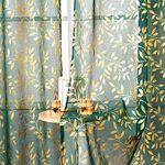 Deeprove Sheer Curtains 84 Inches Length 2 Panels Set, Gold Foil Metallic Leaves Print Dark Hunter Window Treatments Pair for Bedroom, Golden Privacy Xmas Christmas Drapes 52" W x 84" L, Emerald Green