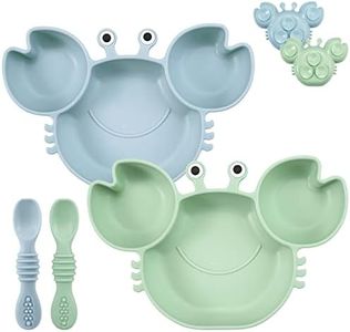 PandaEar 2 Pack Silicone Suction Plate for Baby, Divided Unbreakable Toddler Food Plate with 2 Pack Spoons for Self Feeding, Toddler Utensils Feeding Set Baby Eating Supplies, Crab Shape (Blue&Green)