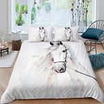 White Horse Comforter Cover Double Size 3D Steed Print Bedding Set Horses Decorative 3 Pieces Animals Duvet Cover Set WildlifeTapestry Bedspread Cover with 2 Pillowcase Soft Microfiber Zipper