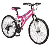 Mongoose Exlipse Full Dual-Suspension Mountain Bike for Kids, Featuring 15-Inch/Small Steel Frame with 24-Inch Wheels, Kickstand Included, Pink