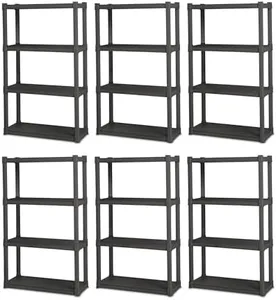 Sterilite 6-Pack Plastic Storage Shelves, Heavy Duty Shelving Unit, 4 Shelf, Gray