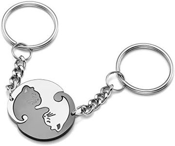 PiercingJak Porte-Clés Couple Chat Blanc Noir Gravure Personnalisée Keychain Pendentif Puzzle Séparable Amour Amoureux Acier Inoxydable Argent Cadeau de la Saint-Valentin(Non Gravure)