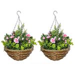 Outsunny Pack of 2 Artificial Lisianthus Flowers Hanging Planter with Basket for Indoor Outdoor Decoration