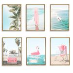 WYHLMTQ 6Pcs Beach Prints Canvas Wall Art Summer Posters Seascape Gallery Coastal PrintsTheme Pictures Wall Decor Teen Girls Nautical Surfboard Bus Pink Van Room Decor printed matter Unframed 12x16in