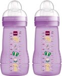 MAM Easy Active Baby Bottle with Medium Flow MAM Teats Size 2, Twin Pack of Baby Bottles, Baby Feeding, 270 ml, Purple (Designs May Vary)