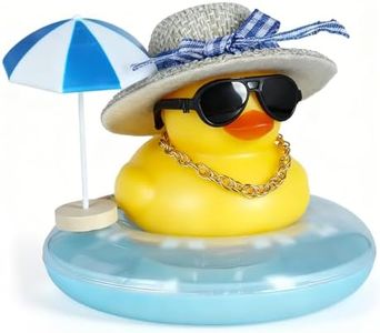 Funny Fashionable Rubber Duck Car Ornament with Blue Bow Straw Hat, Necklace, Black Sunglasses, Blue Umbrella & Blue Swim Ring - Yellow Duck Decoration Dashboard for Car, Home, and Office