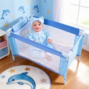 BABESIDE Baby Doll Crib with Accessories, Foldable Doll Crib Bed for 17–21'' Dolls, Portable Pack and Play with Storage Bag – Blue