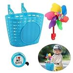 Laluky Kids Bike Basket, Cute Bicycle Front Handlebar Basket with Bell Windmill, Adjustable Small Scooter Arts and Crafts Bike Decoration, Bike Accessories for Boys Girls Kids(Blue)