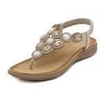 FOGOIN Sandals Womens Ladies Flip Flops Summer Flat Leather Sandal Toe Post Bohemian Walking Sandals, 7 UK, Beige