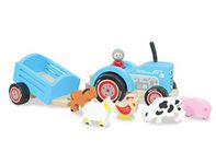 Indigo Jamm Tractor Tim, Retro Wooden Toy Vehicle and Detachable Trailer with Farm Animals and Removable Driver